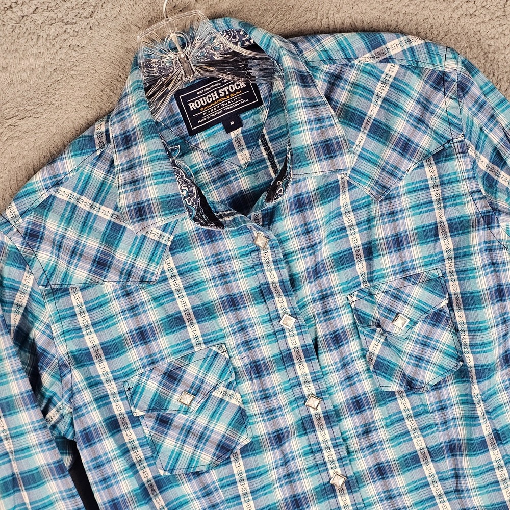 Rough Stock Panhandle Slim Shirt Womens M Plaid Embroidered Studded Button-Up